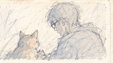 猫に寄り添う人物の水彩画